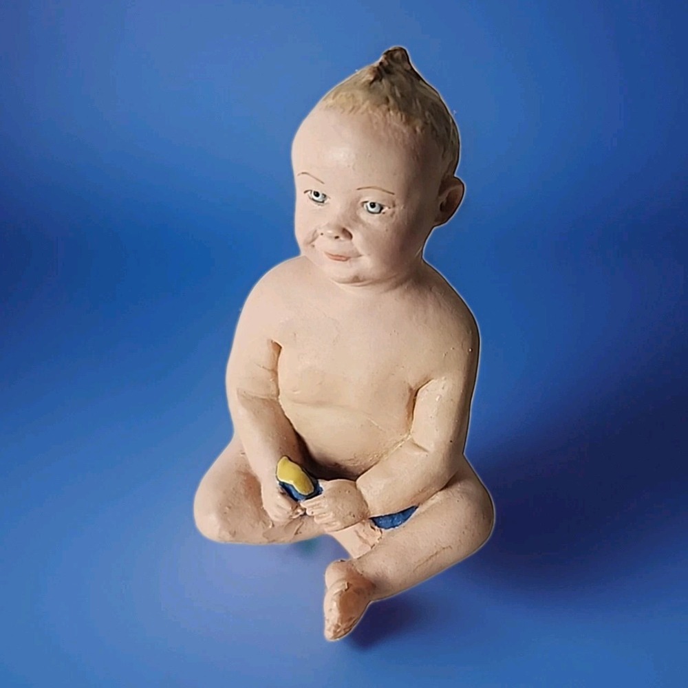 Vintage Porcelain Miniature 2 Inch Baby Figurine Life-Like Chubby w/Blanket RARE